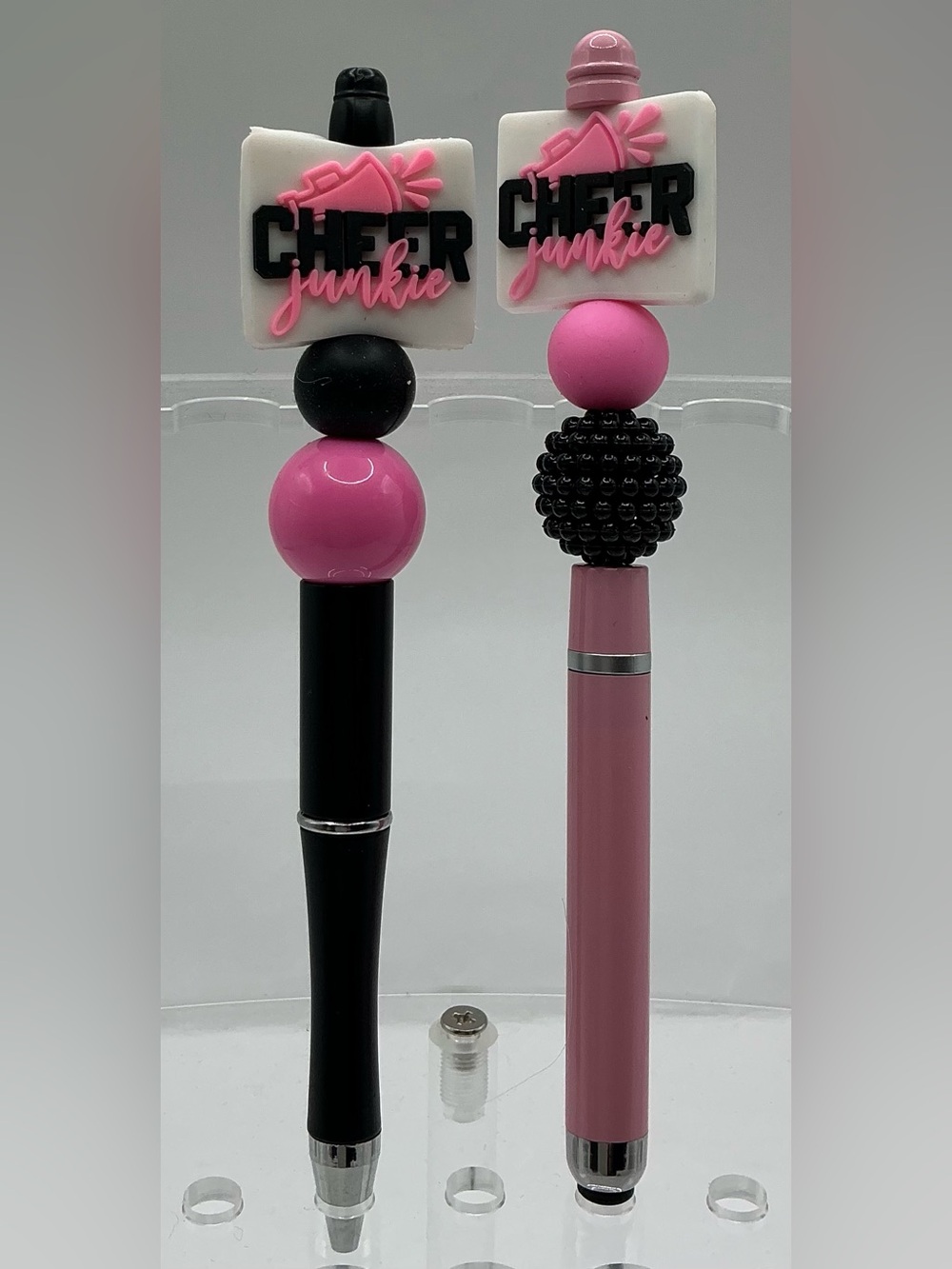 BEADED DECORATIVE HANDMADE PEN AND STYLUS PINK AND BLACK CHEER JUNKIE MEGAPHONE